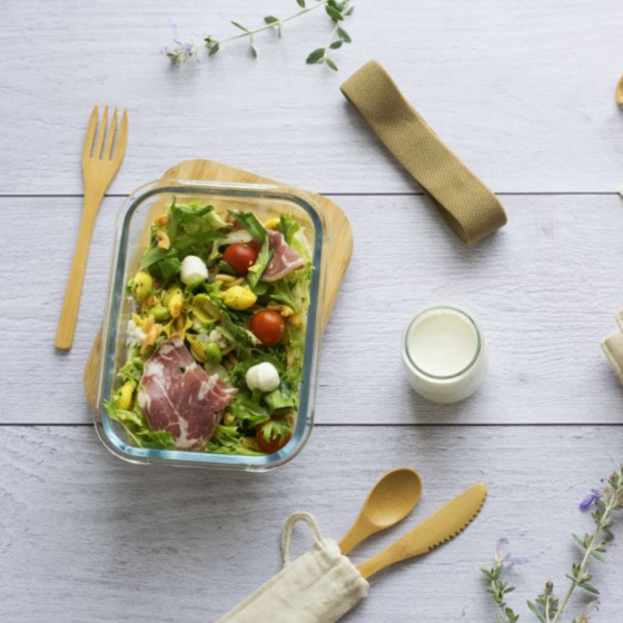 Glas-Lunchbox 1 L Mit Bambusdeckel Und 3-Teiliges Besteckset Im Baumwollbeutel