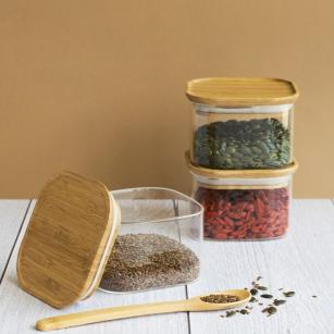 3Er-Set Quadratischer Glasbehälter Mit Bambusdeckel