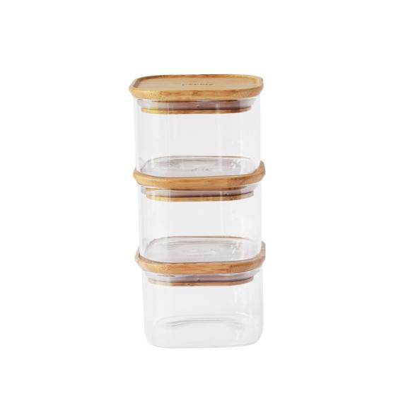 3Er-Set Quadratischer Glasbehälter Mit Bambusdeckel