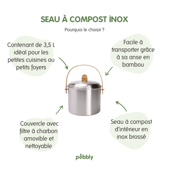 Seau à Compost d'intérieur en Inox avec Filtre Anti-Odeurs - 3,5 L